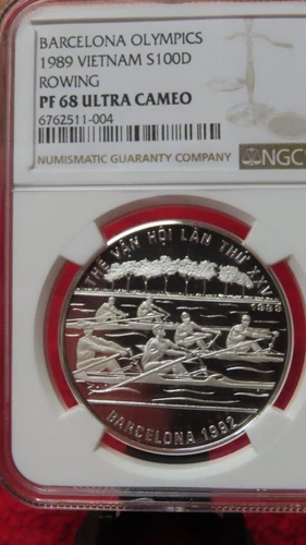 Vietnam 1989 Rowing 999 Silver 100 Dong NGC PF68 Ultra Cameo Olympics Barcelona