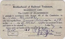 BROTHERHOOD OF RAILROAD TRAINMEN ANTIQUE RAILWAY TRAIN MEMBERSHIP CARD 1909