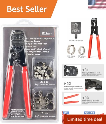 Professional Grade PEX Crimping Tool - 30 Clamps Included, ASTM F2098 Compliant