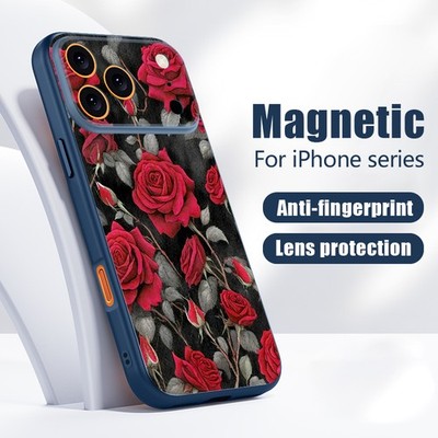 Magnet Rosenblüten Hybrid PC Hart Hülle für iPhone 17 16 15 Pro Max 14 13 Case