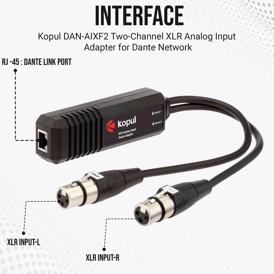 Kopul 2-Ch XLR Dante Input Adapter, 24-Bit/96kHz, PoE, RJ45, AES67, Studio/Live - Image 3 of 4