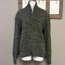 Lambs Wool Blend Heather Green Long Sleeve Cable Knit Cross Cowl Neck Sweater-PL