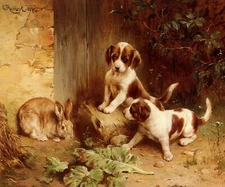 Best Of Friends Rabbit Puppies Dogs Painting By Carl Reichert Art Repro FREE S/H