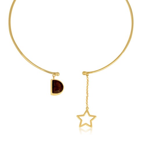 Open Cuff Choker Collar Charm Necklace With Tiger Eye in Gold Plated For Gift - Picture 2 of 5