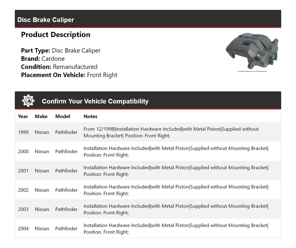 Pinza de freno de disco delantera derecha Cardone 2000 2001 para Nissan Pathfinder 1999-2004 Foto 2 de 4