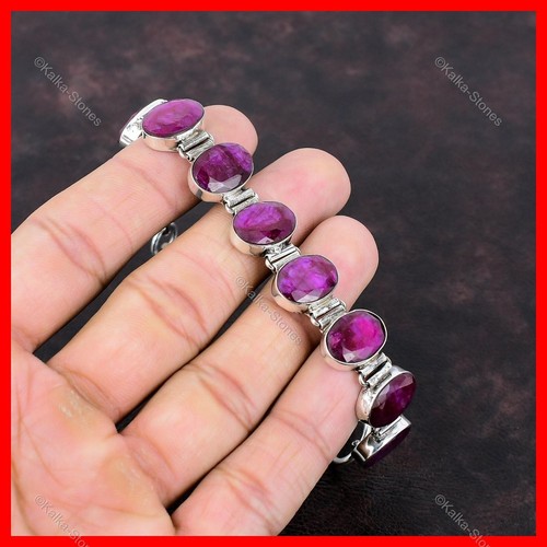 Halloween Deal Oval Kashmir Rubi Gemstone Chain Bezel Mother Bracelet 925 Silver - Picture 5 of 6