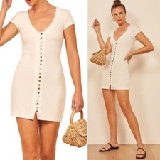 Reformation Jeans White Ribbed Ryder Button Front Mother Of Pearl Shirt Dress M