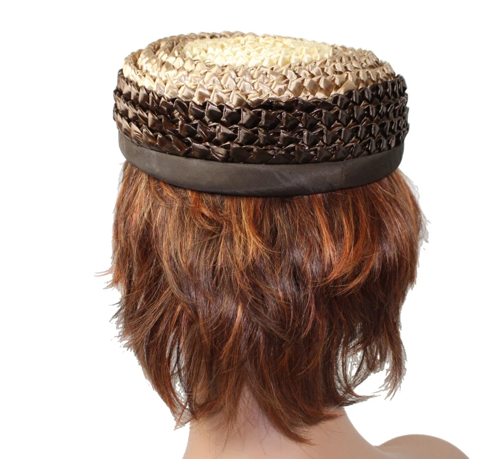 Vintage Pillbox Hat Dark Brown Tan and Beige Woven Raffia Straw w inside Combs - Image 3 of 4