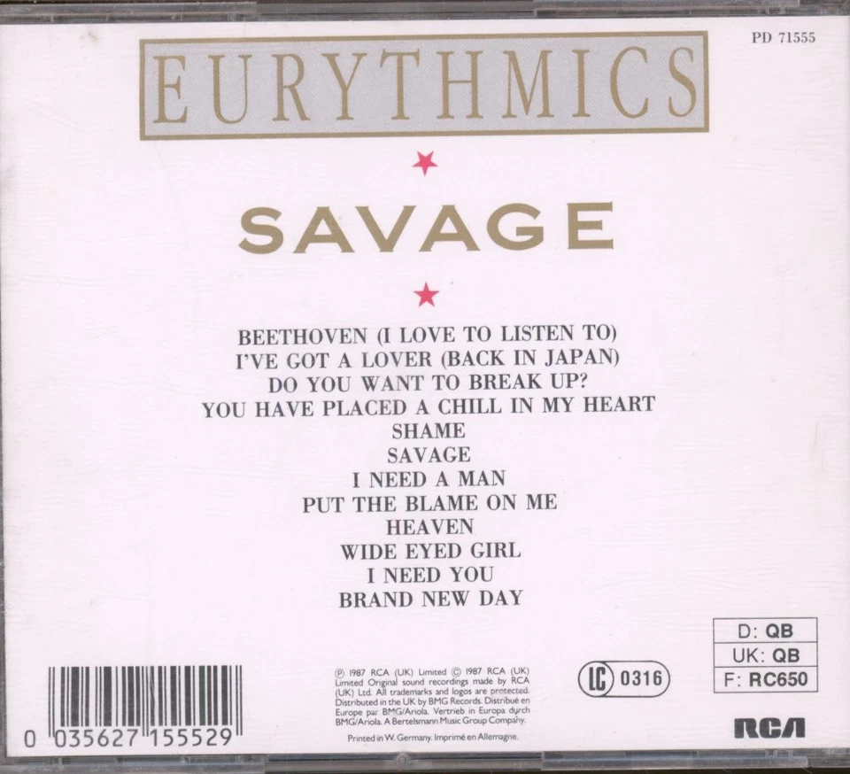 Eurythmics Savage CD Europe Rca 1987 CD. Made in Germany by PDO PD71555 - Bild 2 von 2