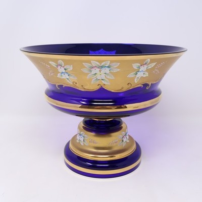 Bohemia Czech Crystal Cobalt Blue Enamel Flower Gold Pedestal Fruit Bowl 10'' W