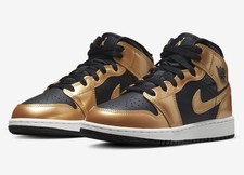 Kids Jordan Air Jordan 1 Mid Black/Gold/White Leather Mid Top Basketball Sneaker