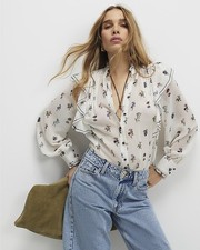 River Island Womens Blouse Cream Floral Ruffle Detail Button Mandarin Collar Top