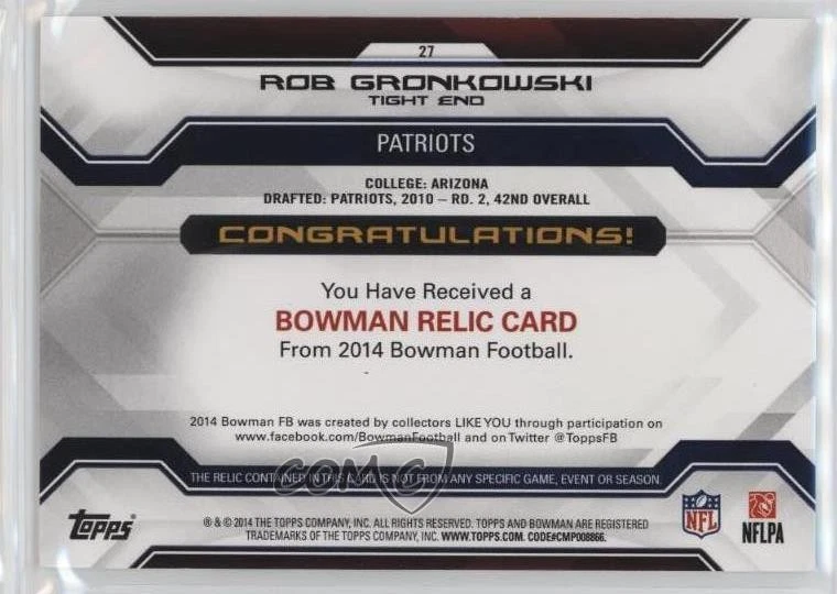 2014 Bowman Relics Rob Gronkowski #27 - Image 2 of 2