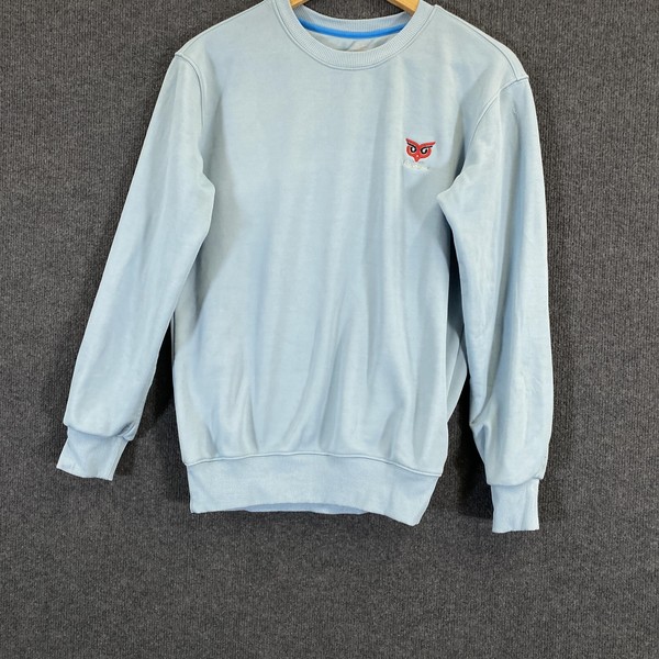 Owl Jumper Womens Large Blue Crew Neck Tight-Knit Embroidered Owl Pullover