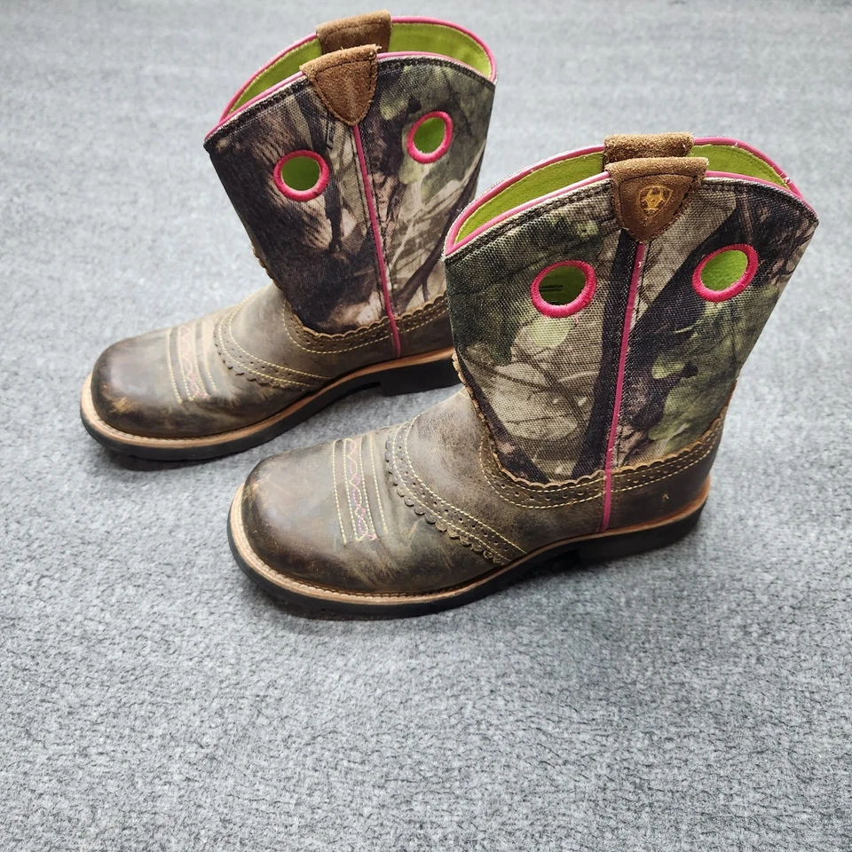 Ariat Fatbaby Women’s Cowboy Boots Size 5 Brown Camo Pink Trim Western Leather - Image 2 of 4