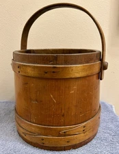 Early American Ohio Primitive Wooden  Banded Firkin Sugar Bucket w/Handle No Lid