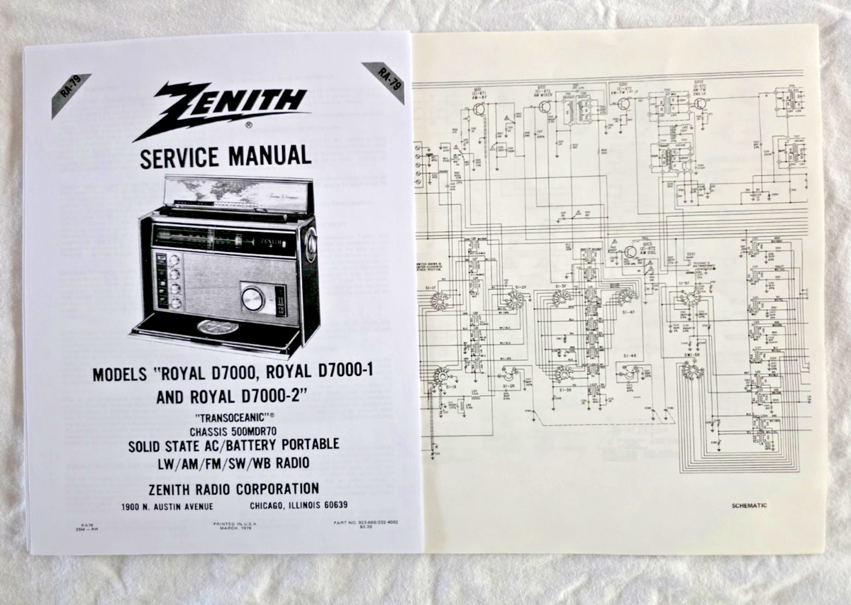 Zenith Trans-Oceanic Royal D7000 Service Manual Copy w/ 11x17