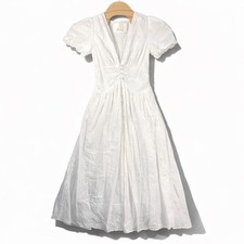 Anthropologie White Eyelet Midi Dress Puff Sleeve Button Front Smocked Waist Sz6