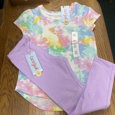 Cat & Jack Girls 4T Tie-dyed Print T-Shirt & Violet Cotton Leggings Outfit Set