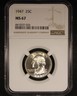 1947 Washington Quarter - 25c NGC MS67 - Pristine And Lustrous! Philadelphia Washington