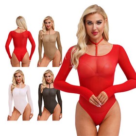 Women Leotard Sheer Jumpsuit Club Wear Lingerie Long Sleeve Bodysuit Sexy Tops