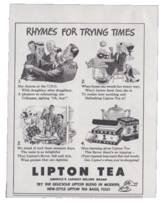 1942 Print Ad Lipton Tea Rhymes for Trying Times Illustrion USO WWII Home Front
