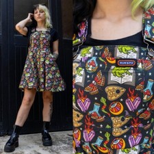 RUN AND FLY Bewitched Print Flared Pinafore Dress 8-26 Dungaree Witchy Alt Goth