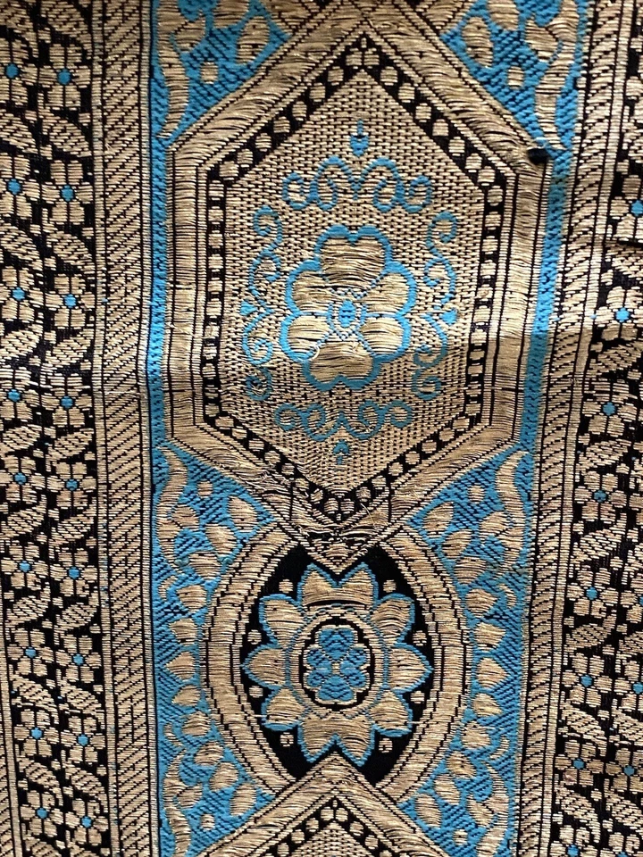 Antigua cinta de brocado de seda azul pesado vintage hecha con hilo de metal 5” x aplicación. 50"" Foto 2 de 4