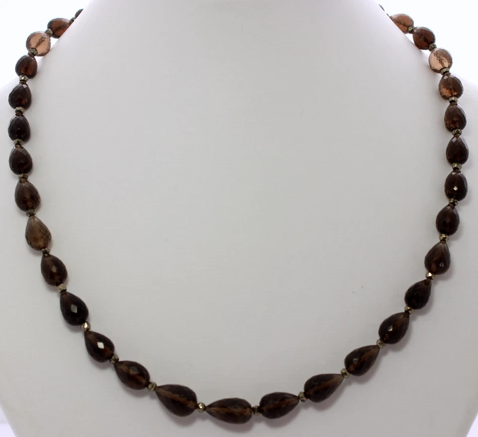 Quarzo Affumicato Collana Con Pirite Preziose Goccia Sfaccettata Donna 45 CM - Immagine 2 di 2