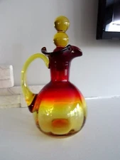 Rainbow Art Glass Amberina Deep Red Yellow CRUET Ball Stopper ROSE AMBER