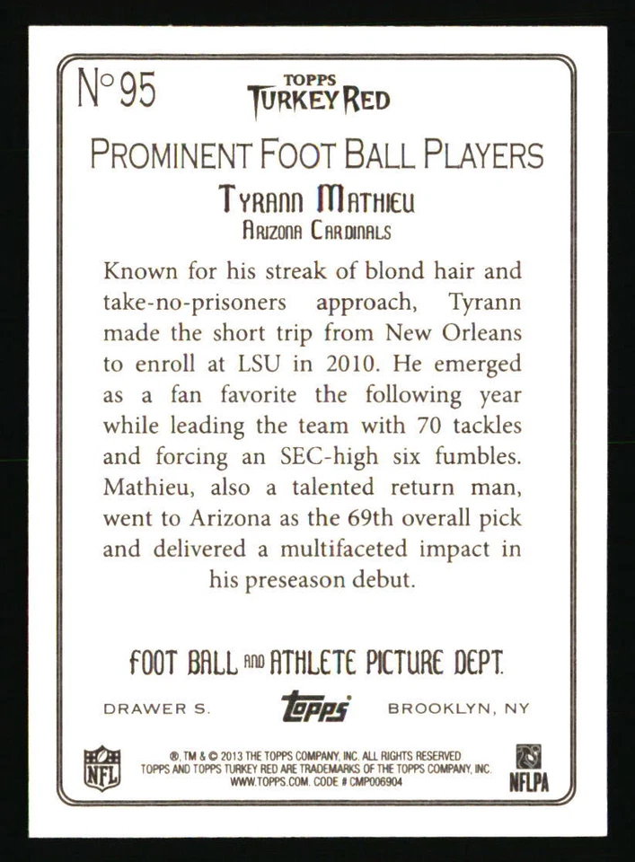 2013 Topps Turkey Red #95a Tyrann Mathieu - Image 2 of 2