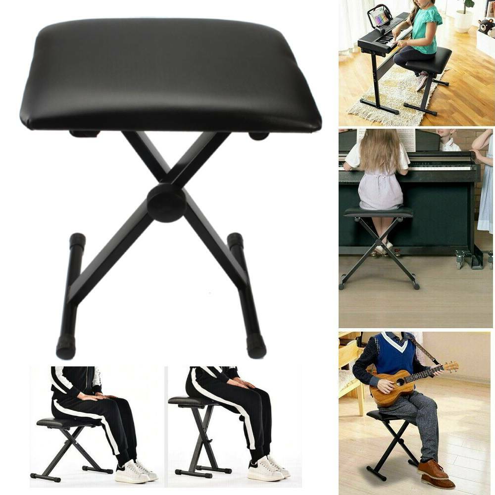 Black Adjustable Piano Keyboard Bench Leather Padded Seat Folding Stool Chair US
