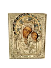 Russian Orthodox Handpainted Silver Plated Enamel Icon Our Lady of Kazan 