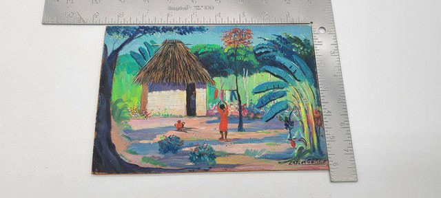 Carlos Gomez Signed 6X8 Oil On Masonite Women Doing Laundry Outside Painting Carlos Gomez Signed 6X8 Oil On Masonite Women Doing Laundry Outside Painting