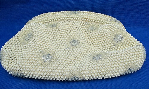 Vintage Beaded Clutch Handbag Cream Plastic Balls Silver SNOWFLAKES Clear Beads