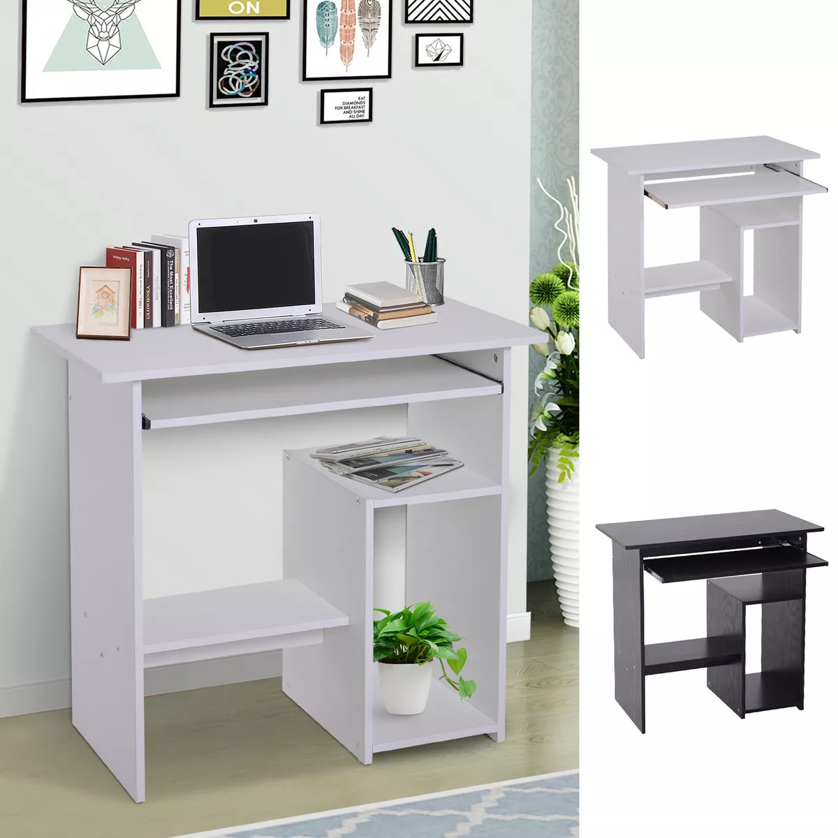Compact Small Computer Table Wooden Desk Keyboard Tray Storage