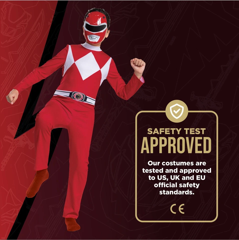 Licenced Kids Red Power Rangers Costume S M Boys Superhero Halloween Fancy Dress - Image 3 of 4