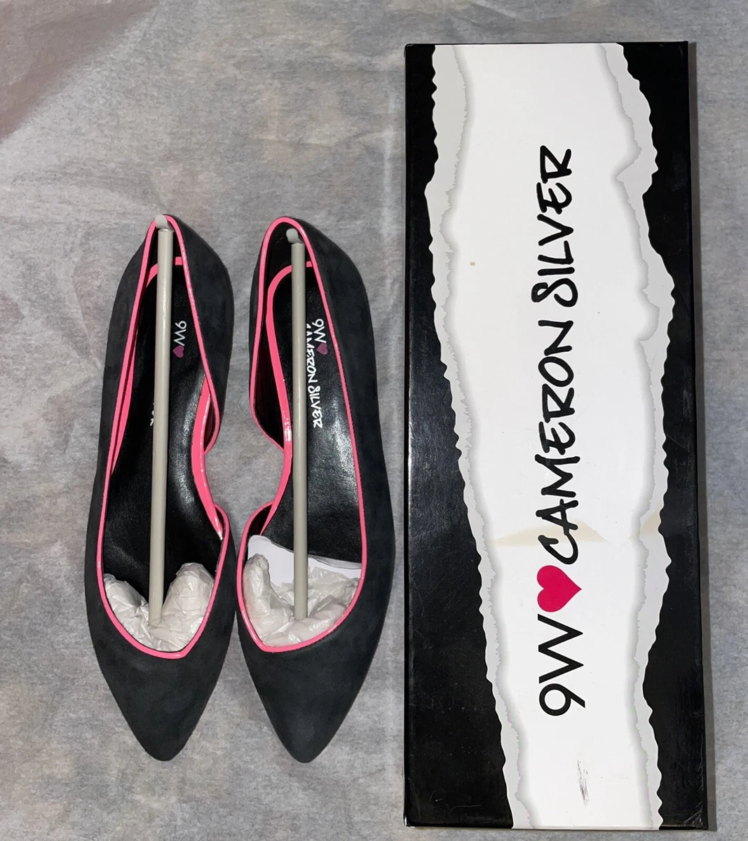 NEW Nine West Cameron Silver Flats 7.5 Slip On Black Suede Hot Pink w Box