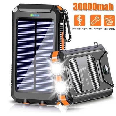 Solar Powerbank 30000mAh Wasserdicht mit 2 USB & LED für Camping Reisen Outdoor