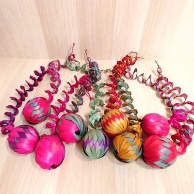 Mexican Palm Leaf Ornaments Lot Of 9 Multicolored Woven Hanging Balls