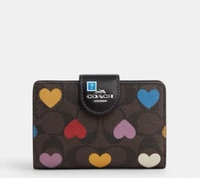 NWT COACH Medium Corner Zip Wallet In Signature Canvas With Multi Color Heart