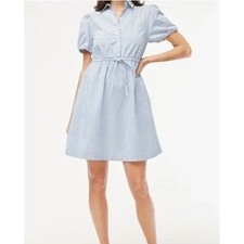J.Crew Blue White Striped Puff Sleeve Mini Shirt Dress Drawstring Waist Sz 4