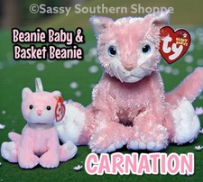 🩷 CARNATION 🩷 Ty Beanie Baby (6") & Basket Beanie (4") Light Pink CATS *MWMT*