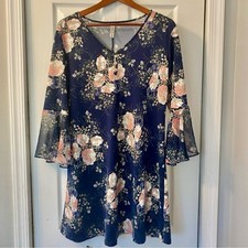 Perseption Concept Women Dress Mini Small Navy Floral Whimsigoth Sheer Sleeves