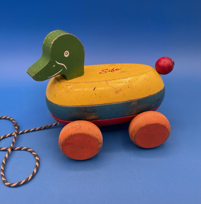 Vintage Stacking Toy Sifo String Pull Duck Wooden 1960 s Waddles when pulled