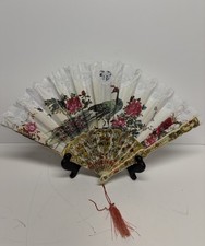 Vintage Folding Fan Peacock Peony Flowers Motif Lace Trim With Tassel