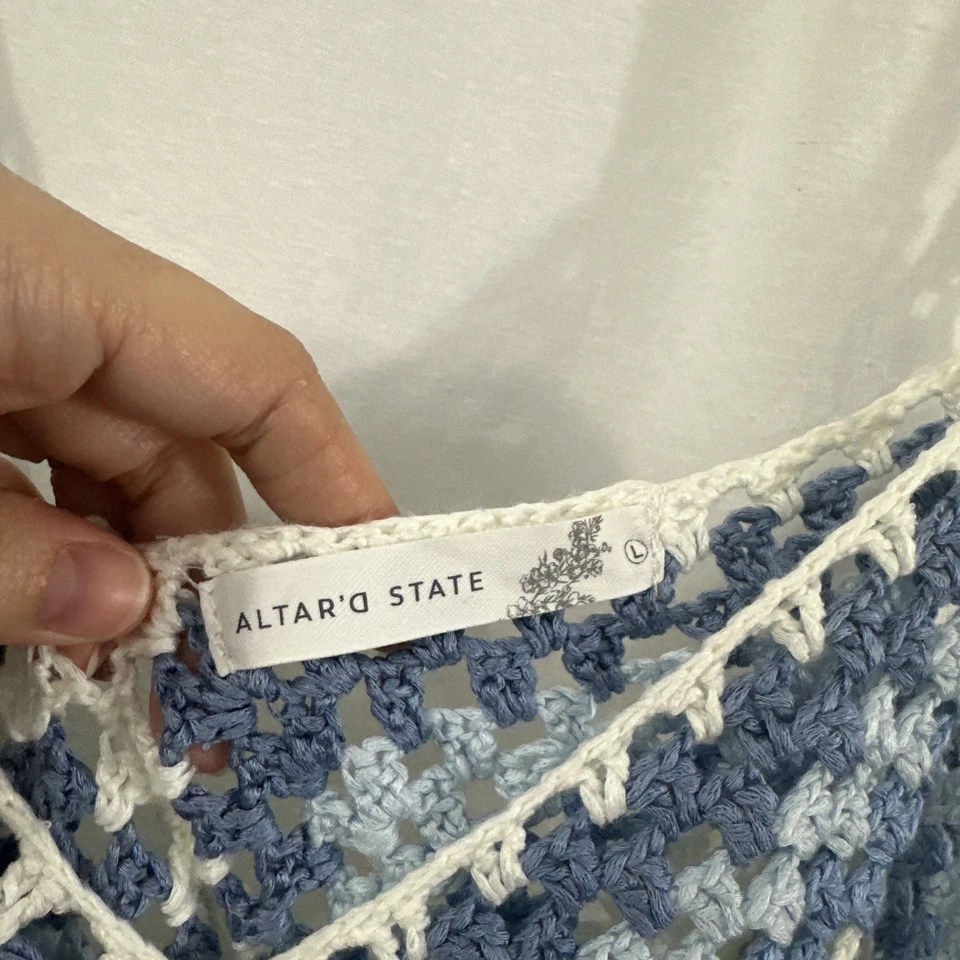 Camiseta sin mangas Altar’d State Granny cuadrada azul con flecos de ganchillo para mujer L Boho Festival Foto 3 de 4