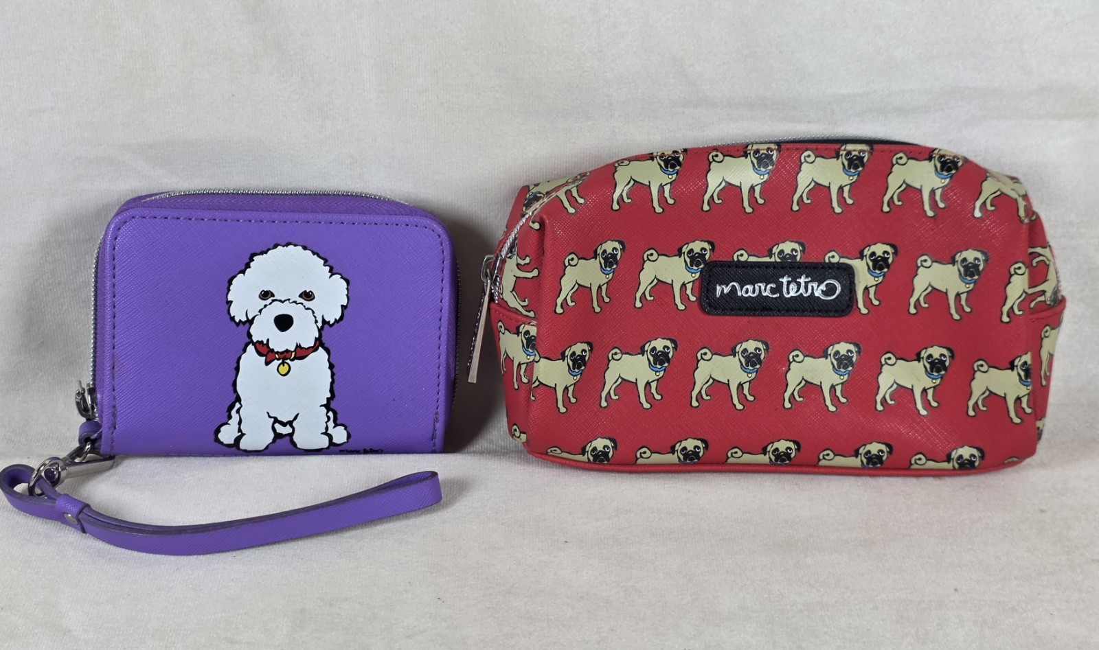 Marc Tetro Wristlet Wallet Bichon Dog  Zip Around And Pug Red Cosmetic Bag