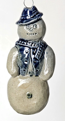 Rowe Pottery Works  Salt Glazed Primitive Snowman Christmas Ornament