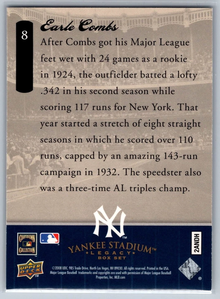 2008 Upper Deck Yankee Stadium Legacy Final Season Box Set - Earle Combs #8 - Image 2 of 2